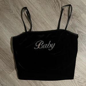 Y2K Black Velvet “Baby” Rhinestone Top